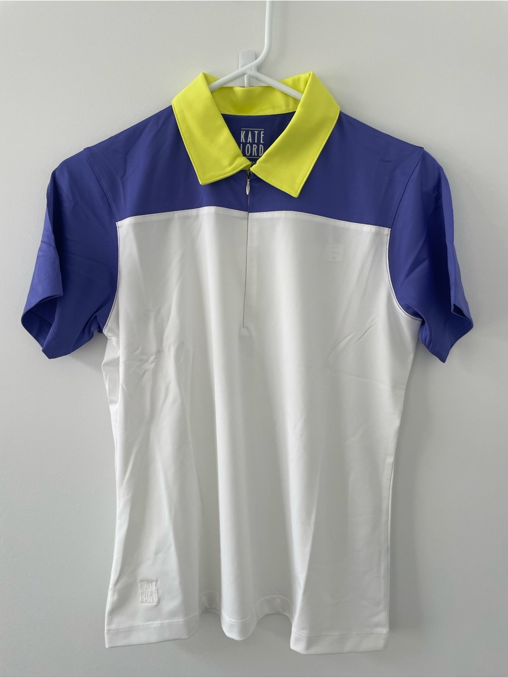 Kate Lord White & Purple Colorblock Zip Polo with Neon Yellow Collar